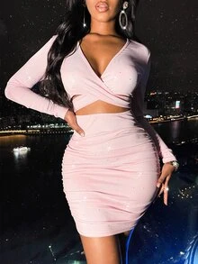 SHEIN SXY 深V領前鏤空緊身洋裝 - 淺粉色 - 查看 5