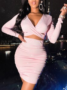 SHEIN SXY 深V領前鏤空緊身洋裝 - 淺粉色 - 查看 6
