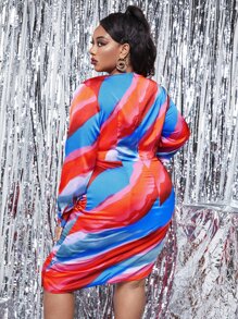 SHEIN SXY Plus Colorblock Ruched Wrap Satin Dress