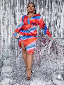 SHEIN SXY Plus Colorblock Ruched Wrap Satin Dress