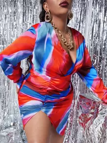 SHEIN SXY Plus Colorblock Ruched Wrap Satin Dress