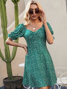 碎花泡泡袖抽繩連衣裙 - 墨綠色 - 查看 4