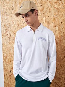 Manfinity Áo nỉ Nam Dây kéo Lá thư Giải trí - trắng - Xem 3