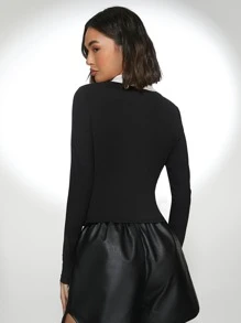 SHEIN Privé 拼接領和開襟T恤 - 黑色 - 查看 2