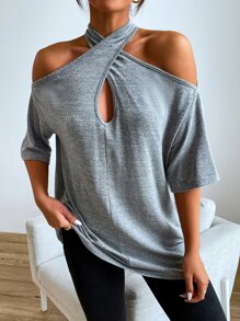 Wrap Cross Cold Shoulder Tee - Grey - View 1