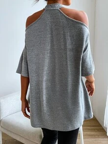 Wrap Cross Cold Shoulder Tee - Grey - View 2