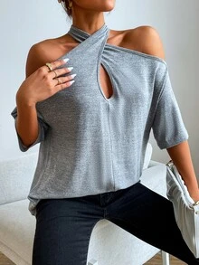 Wrap Cross Cold Shoulder Tee - Grey - View 4