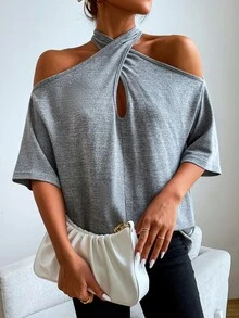Wrap Cross Cold Shoulder Tee - Grey - View 5