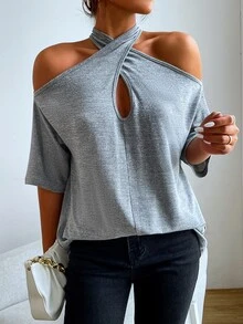 Wrap Cross Cold Shoulder Tee - Grey - View 6
