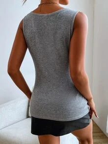 四分之一按鈕條紋針織背心上衣 - 灰色 - 查看 2