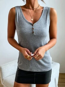 四分之一按鈕條紋針織背心上衣 - 灰色 - 查看 3