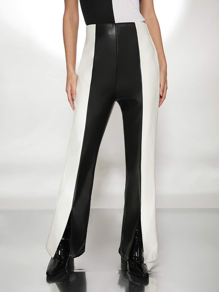 SHEIN Pantalones de talle alto de dos tonos bajo con abertura - Blanco y Negro - Ver 1