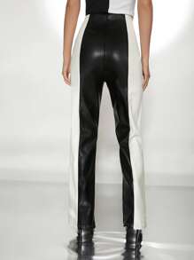 SHEIN Pantalones de talle alto de dos tonos bajo con abertura - Blanco y Negro - Ver 2