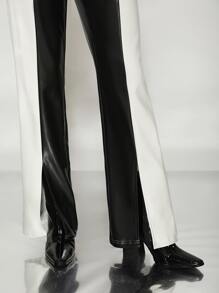 SHEIN Pantalones de talle alto de dos tonos bajo con abertura - Blanco y Negro - Ver 4