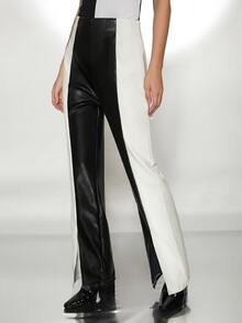 SHEIN Pantalones de talle alto de dos tonos bajo con abertura - Blanco y Negro - Ver 5