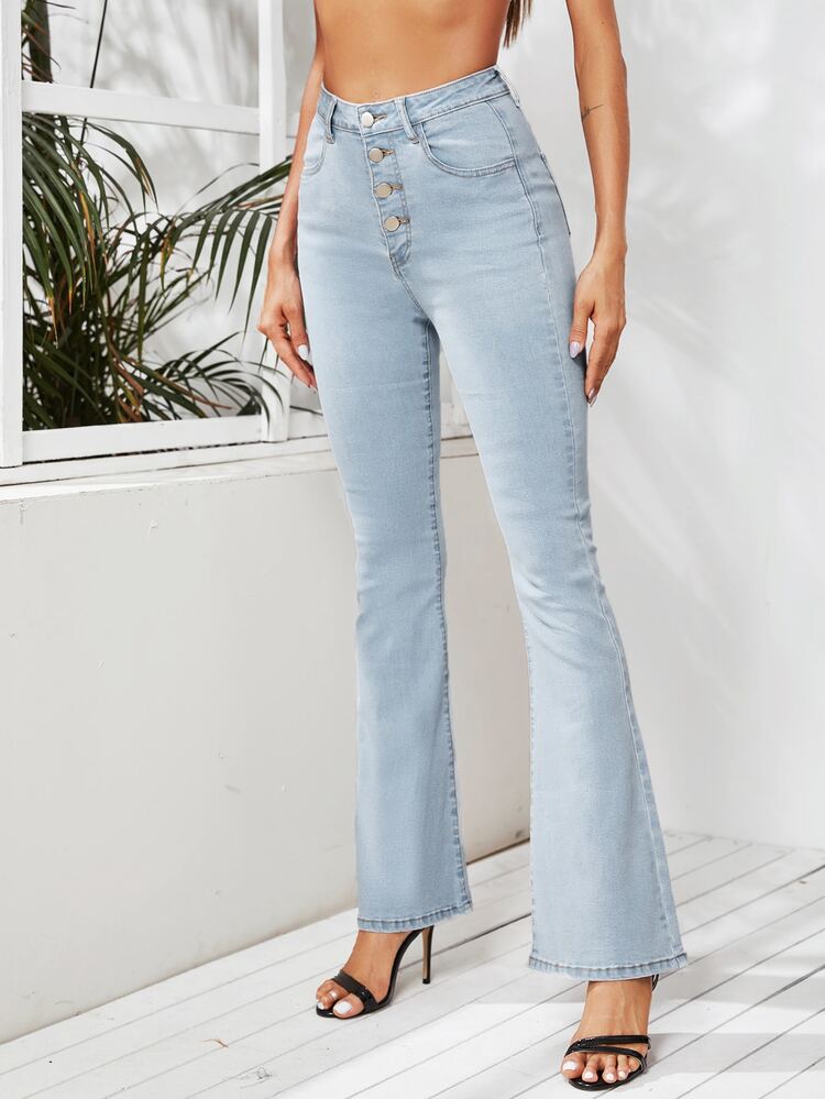 SHEIN LUNE Button Fly Flare Hem Jeans Without Belt - Light Wash - View 4
