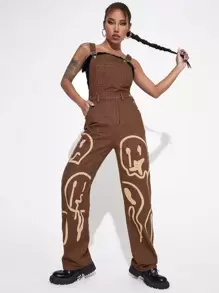 Overol mezclilla con estampado de dibujos animados - Óxido marrón - Ver 1