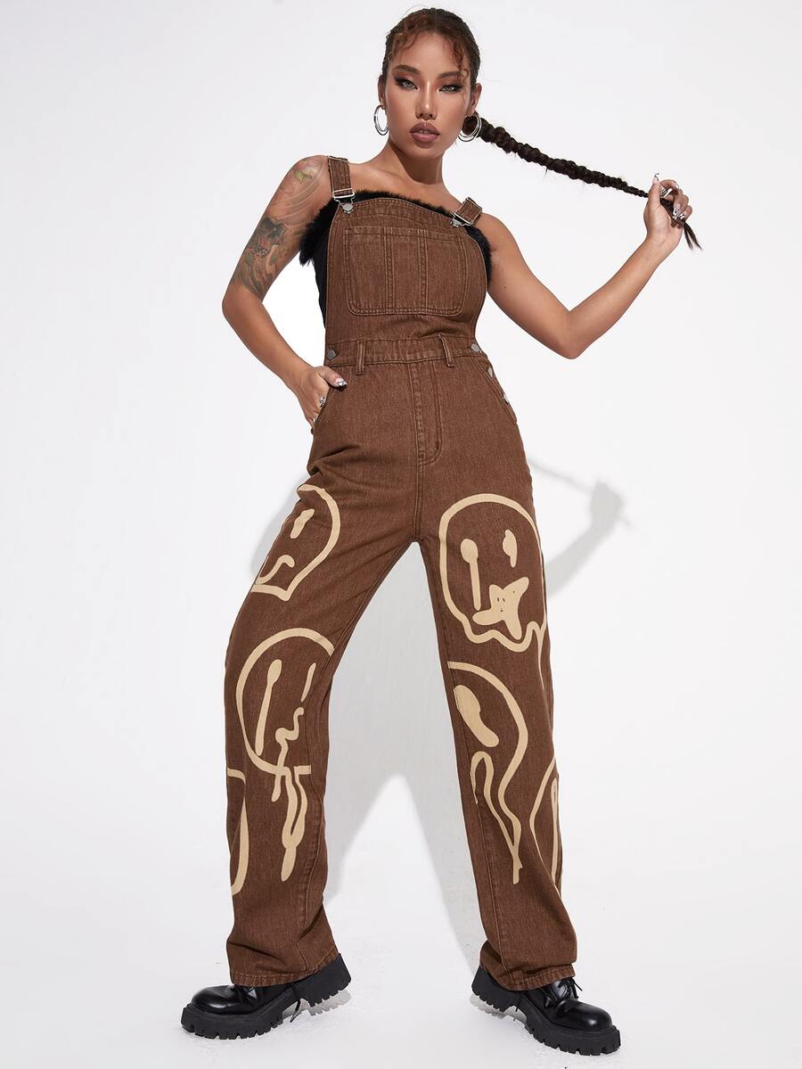 Overol mezclilla con estampado de dibujos animados - Óxido marrón - Ver 1