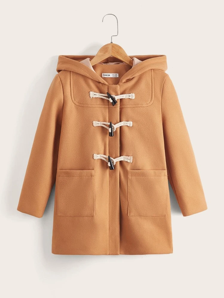 SHEIN Girls ダッフルコート ダブルポケット フード付き | SHEIN JAPAN