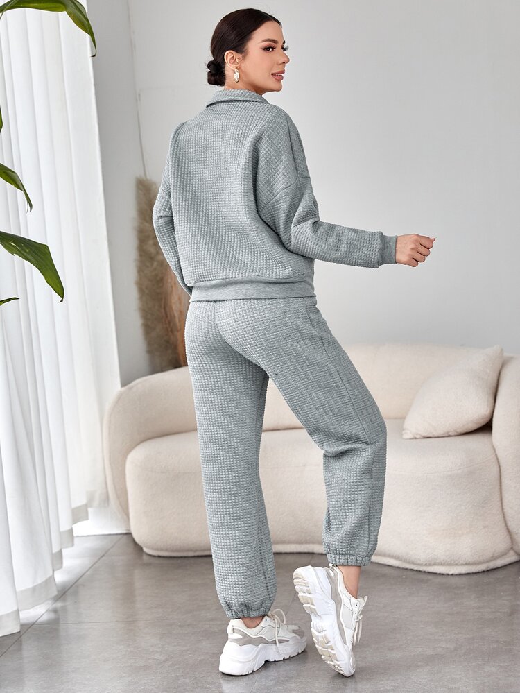 Quarter Button Solid Sweatshirt & Joggers - Light Grey - View 2