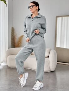 Joggers con sudadera botón cuarto unicolor - Gris Claro - Ver 3