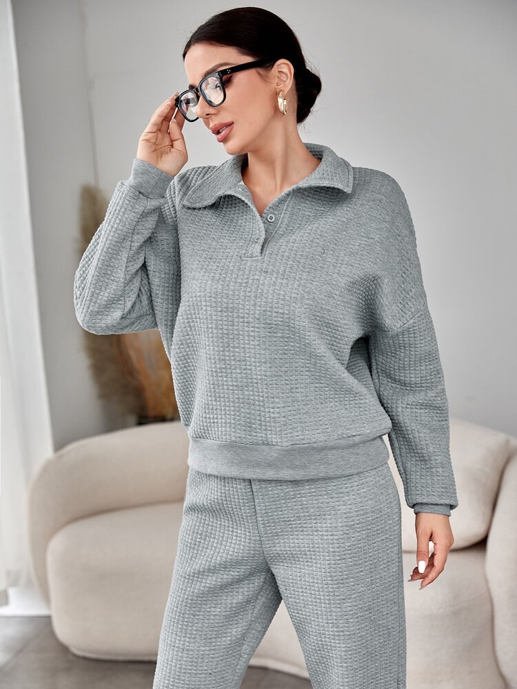 Quarter Button Solid Sweatshirt & Joggers - Light Grey - View 4