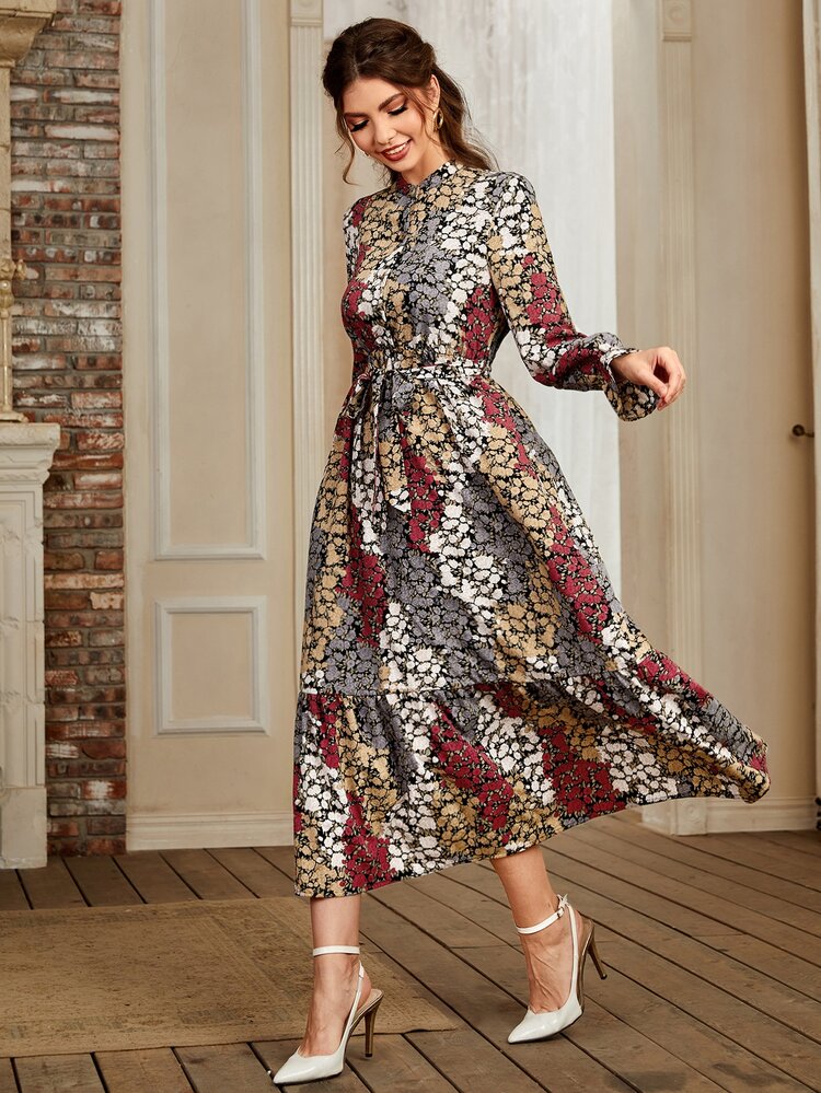 Mulvari Floral Print Flounce Sleeve Ruffle Hem Belted Dress - Multicolor - View 5