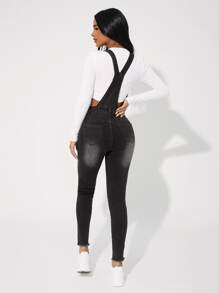 SHEIN PETITE Patch Pocket Raw Hem Skinny Denim Dungarees - Black - View 2