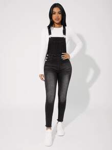 SHEIN PETITE Patch Pocket Raw Hem Skinny Denim Dungarees - Black - View 3