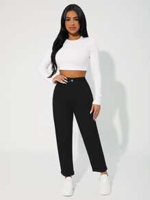 SHEIN PETITE High Waist Solid Mom Fit Jeans - Black - View 4