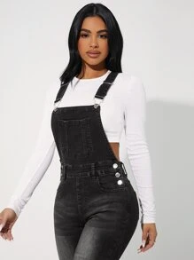 SHEIN PETITE Patch Pocket Raw Hem Skinny Denim Dungarees - Black - View 4