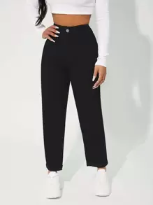 SHEIN PETITE High Waist Solid Mom Fit Jeans - Black - View 1