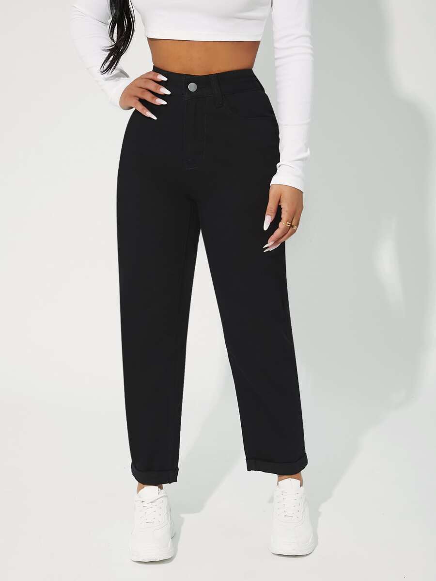 SHEIN PETITE High Waist Solid Mom Fit Jeans - Black - View 1