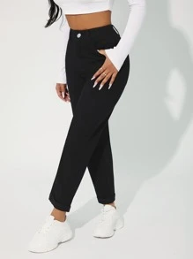 SHEIN PETITE High Waist Solid Mom Fit Jeans - Black - View 5