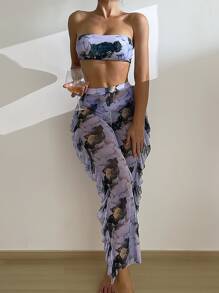 Bộ 3 Bikini Bandeau in họa tiết đá cẩm thạch & Quần che phủ, cho kỳ nghỉ hè ở bãi biển - Nhiều màu - Xem 1