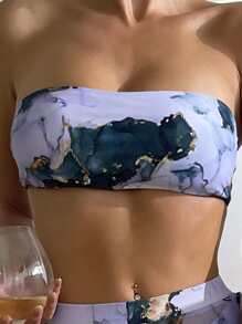 Bộ 3 Bikini Bandeau in họa tiết đá cẩm thạch & Quần che phủ, cho kỳ nghỉ hè ở bãi biển - Nhiều màu - Xem 3