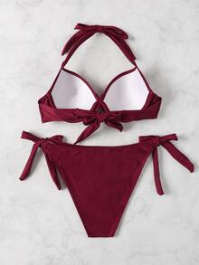 Solid Halter Push Up Tie Side Bikini Set, For Summer Beach Vacation - Maroon - View 5