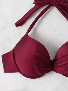 Solid Halter Push Up Tie Side Bikini Set, For Summer Beach Vacation - Maroon - View 6