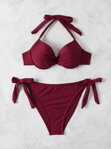 Solid Halter Push Up Tie Side Bikini Set, For Summer Beach Vacation - Maroon - View 7