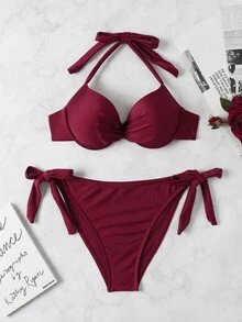 Solid Halter Push Up Tie Side Bikini Set, For Summer Beach Vacation - Maroon - View 8