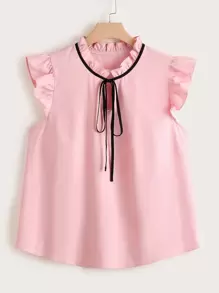 Plus Ruffle Sleeve Frilled Tie Neck Blouse - Baby Pink - View 1