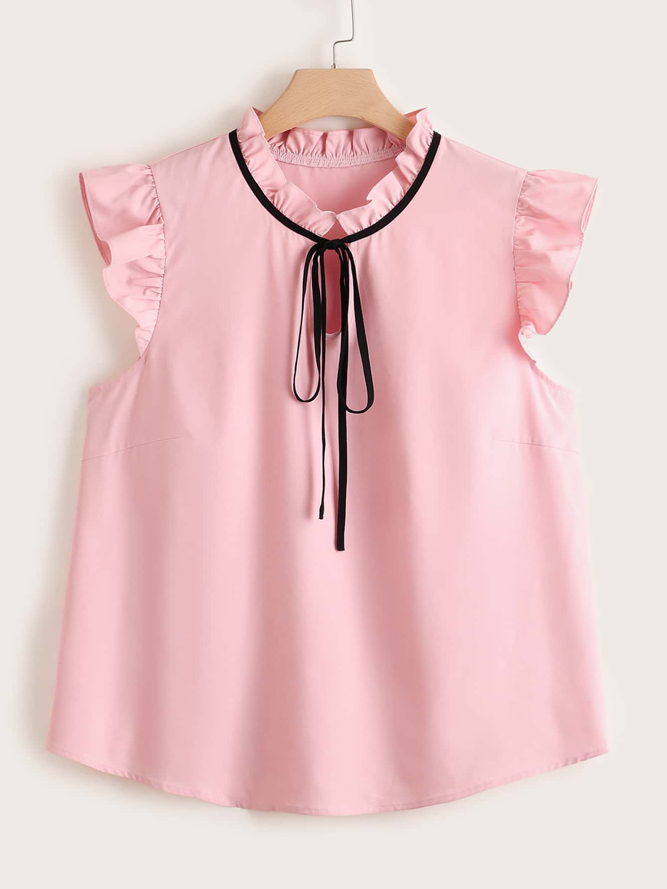 Plus Ruffle Sleeve Frilled Tie Neck Blouse - Baby Pink - View 1