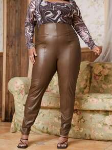 SHEIN Plus High Waist PU Leather Trousers - Coffee Brown - View 4