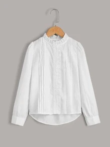 SHEIN Leap Crew Cô gái Tween Xếp nếp Cái cổ Xếp nếp Ống tay áo Hem cao thấp Áo sơ mi - trắng - Xem 2