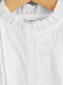 SHEIN Leap Crew Cô gái Tween Xếp nếp Cái cổ Xếp nếp Ống tay áo Hem cao thấp Áo sơ mi - trắng - Xem 4