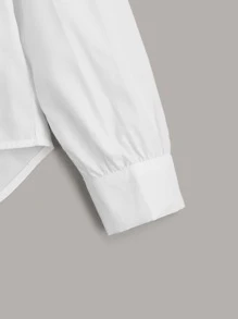 SHEIN Leap Crew Cô gái Tween Xếp nếp Cái cổ Xếp nếp Ống tay áo Hem cao thấp Áo sơ mi - trắng - Xem 5