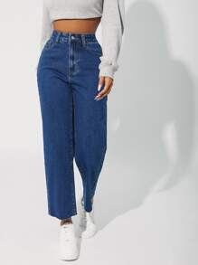 SHEIN PETITE High Waisted Zip Up Straight Leg Jeans - Dark Wash - View 1