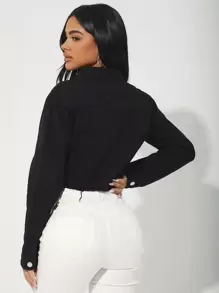 SHEIN PETITE Flap Pocket Raw Hem Denim Jacket Cropped Jacketcrop Top Jacketcrop Blazer - Black - View 2