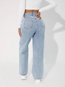 SHEIN PETITE High Waist Cut Out Straight Leg Jeans - Light Wash - View 2