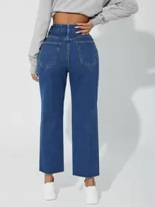 SHEIN PETITE High Waisted Zip Up Straight Leg Jeans - Dark Wash - View 2